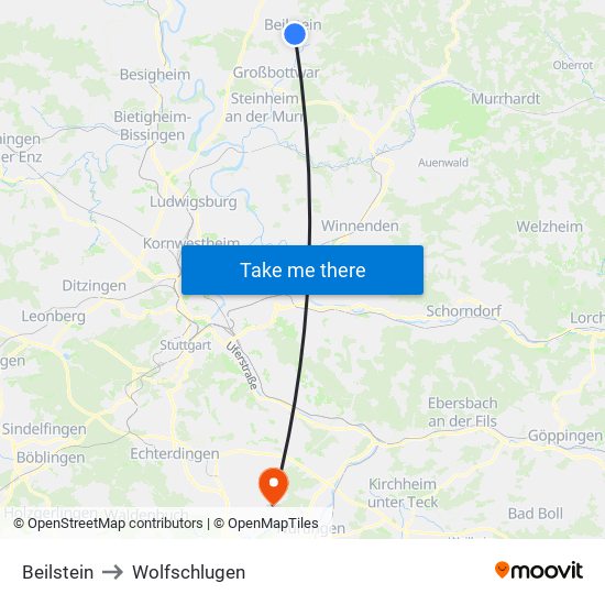 Beilstein to Wolfschlugen map