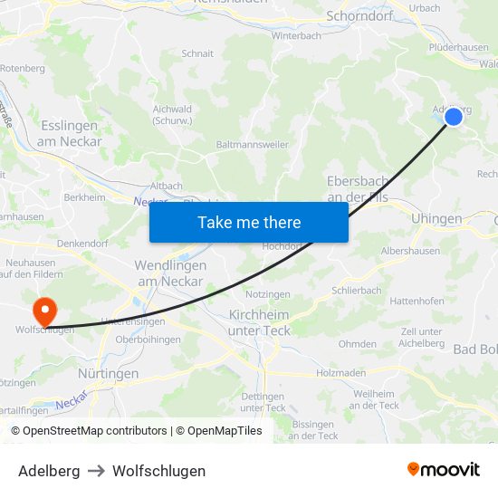 Adelberg to Wolfschlugen map