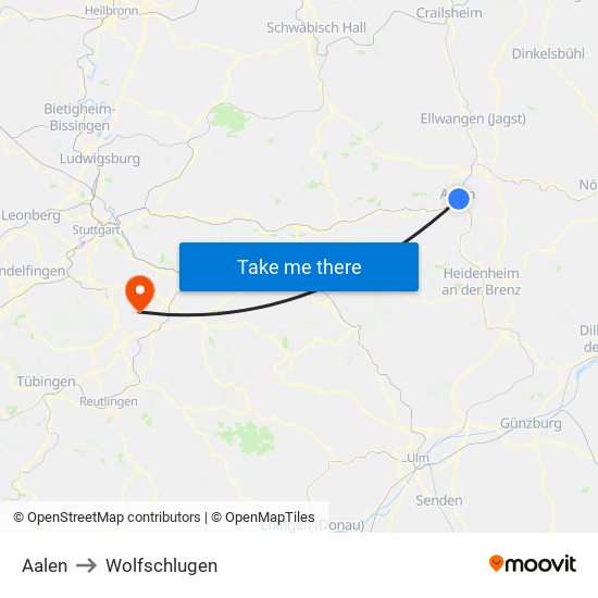 Aalen to Wolfschlugen map