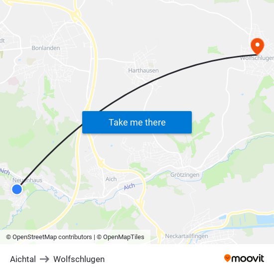 Aichtal to Wolfschlugen map