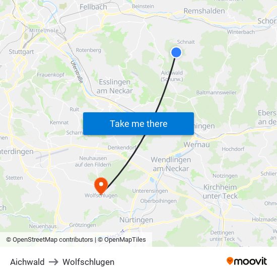 Aichwald to Wolfschlugen map