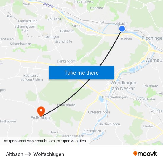 Altbach to Wolfschlugen map