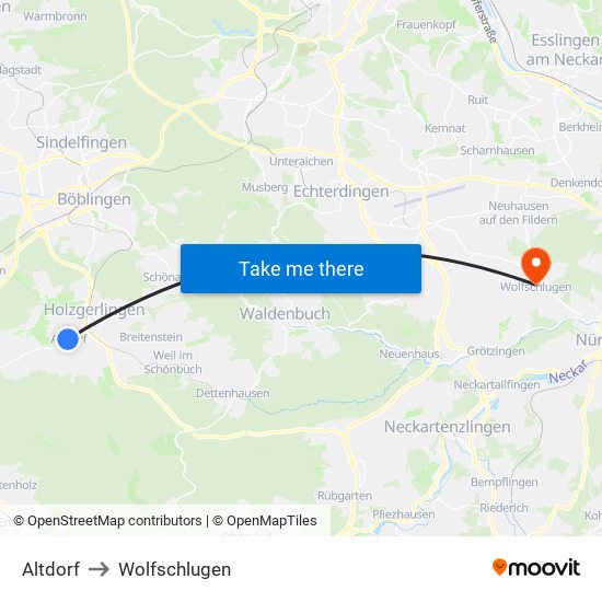 Altdorf to Wolfschlugen map