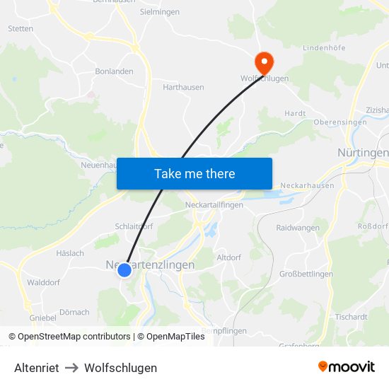 Altenriet to Wolfschlugen map