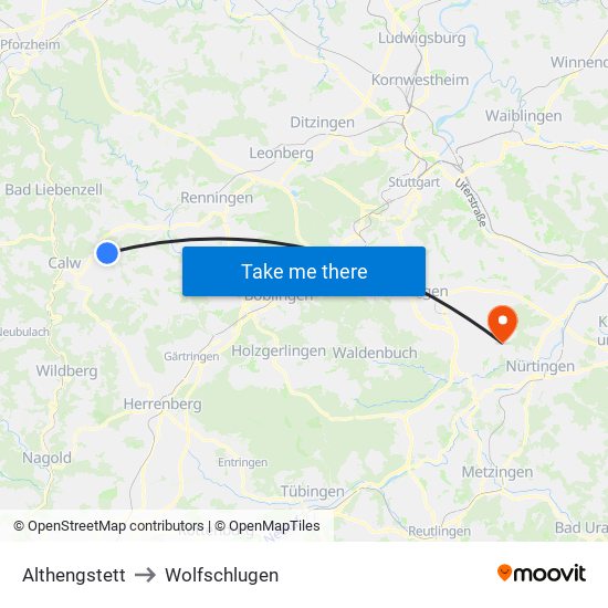 Althengstett to Wolfschlugen map