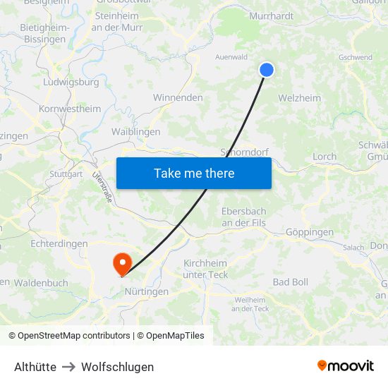 Althütte to Wolfschlugen map