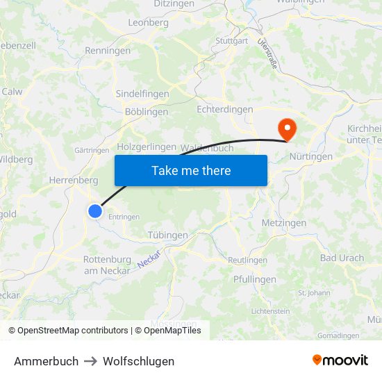 Ammerbuch to Wolfschlugen map