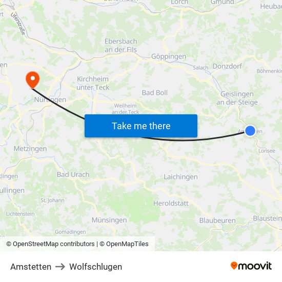 Amstetten to Wolfschlugen map