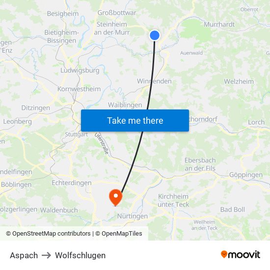 Aspach to Wolfschlugen map