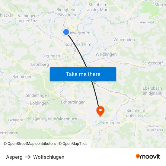 Asperg to Wolfschlugen map