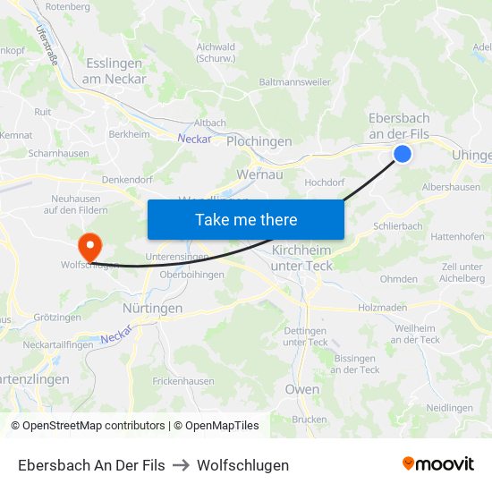 Ebersbach An Der Fils to Wolfschlugen map