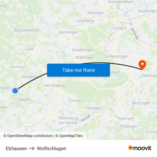 Ebhausen to Wolfschlugen map