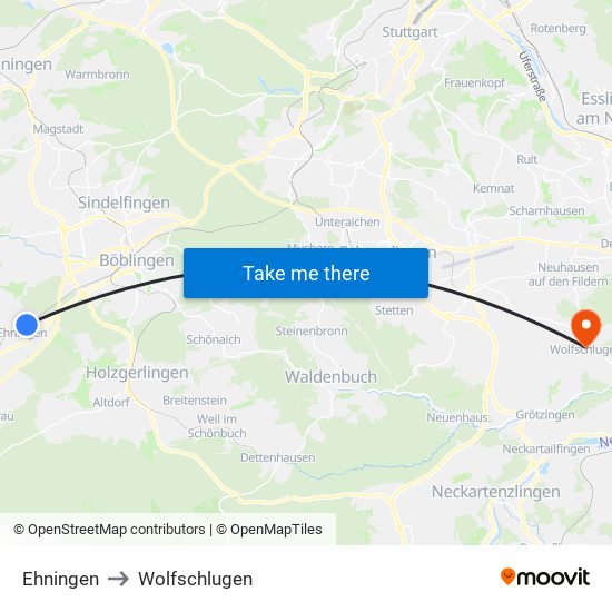 Ehningen to Wolfschlugen map