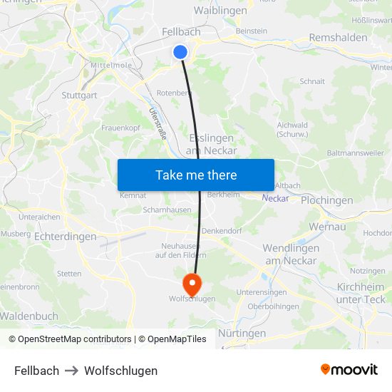 Fellbach to Wolfschlugen map