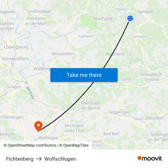 Fichtenberg to Wolfschlugen map
