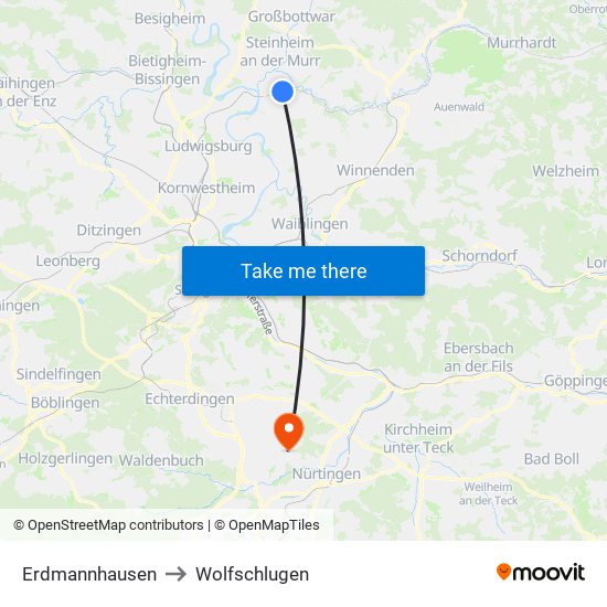 Erdmannhausen to Wolfschlugen map