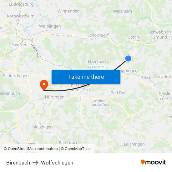 Birenbach to Wolfschlugen map