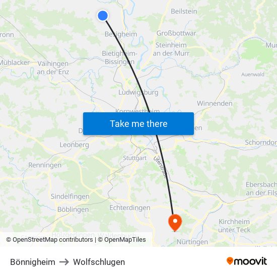 Bönnigheim to Wolfschlugen map