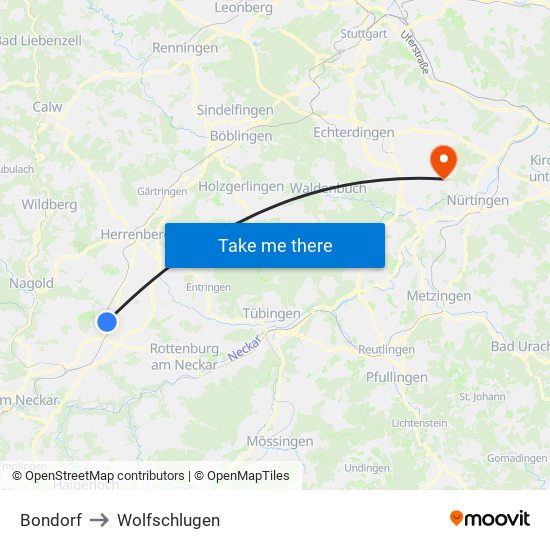 Bondorf to Wolfschlugen map