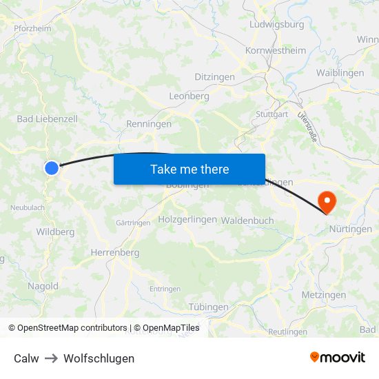 Calw to Wolfschlugen map