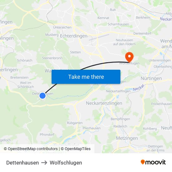 Dettenhausen to Wolfschlugen map