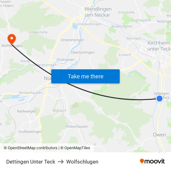 Dettingen Unter Teck to Wolfschlugen map