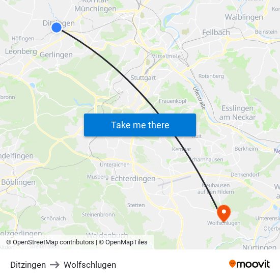 Ditzingen to Wolfschlugen map