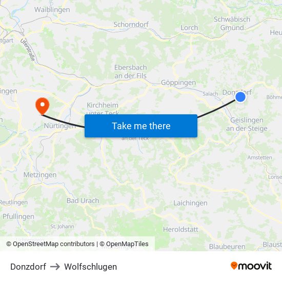 Donzdorf to Wolfschlugen map