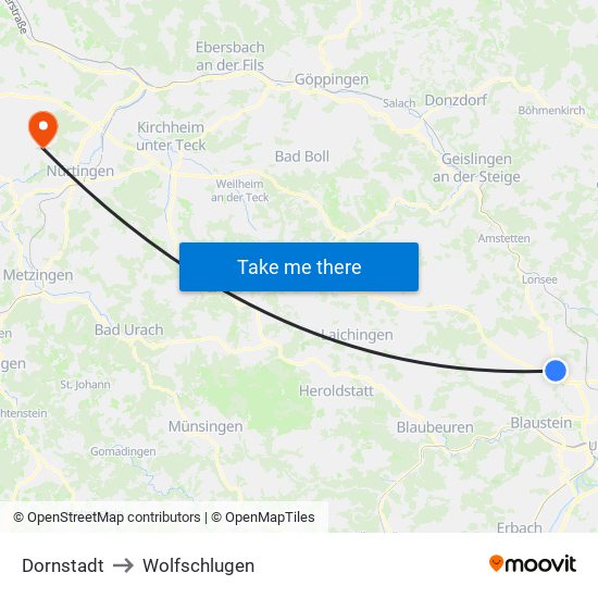 Dornstadt to Wolfschlugen map