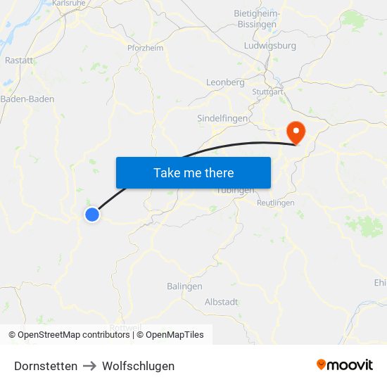 Dornstetten to Wolfschlugen map