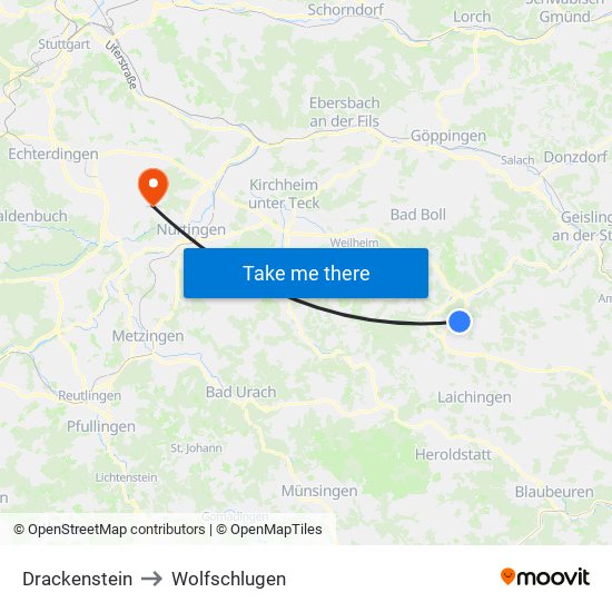 Drackenstein to Wolfschlugen map