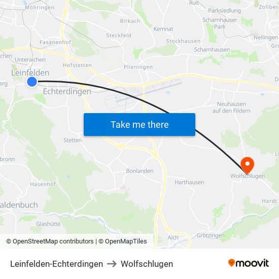 Leinfelden-Echterdingen to Wolfschlugen map