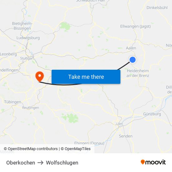 Oberkochen to Wolfschlugen map