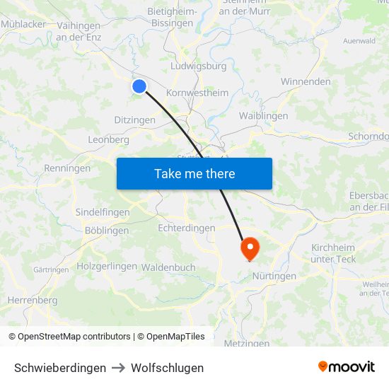 Schwieberdingen to Wolfschlugen map