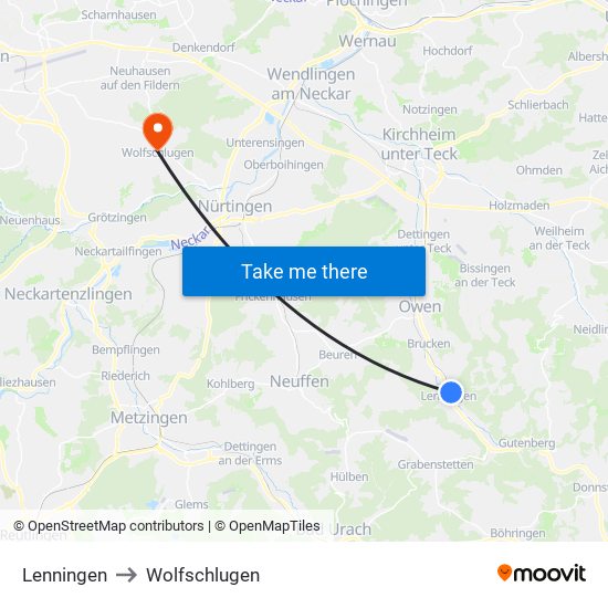 Lenningen to Wolfschlugen map