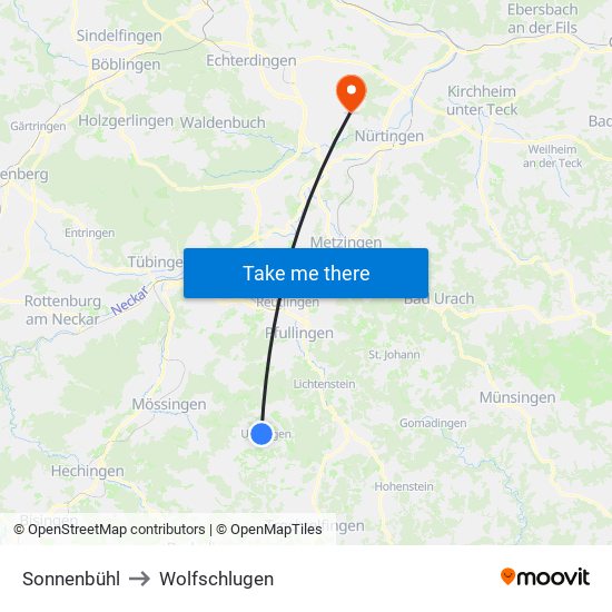 Sonnenbühl to Wolfschlugen map