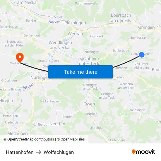 Hattenhofen to Wolfschlugen map