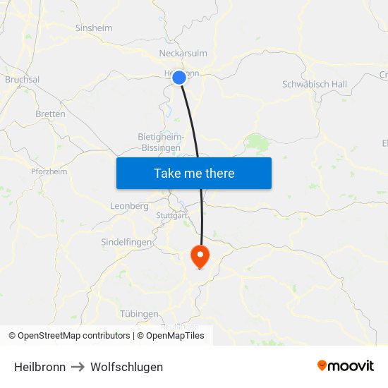 Heilbronn to Wolfschlugen map