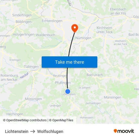 Lichtenstein to Wolfschlugen map