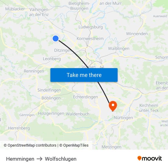 Hemmingen to Wolfschlugen map
