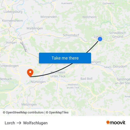 Lorch to Wolfschlugen map