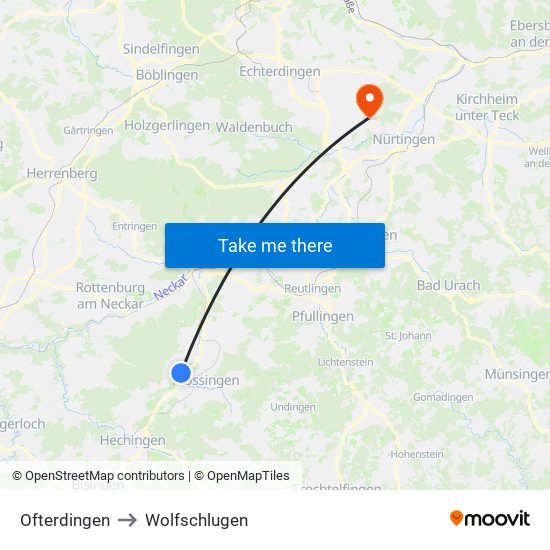 Ofterdingen to Wolfschlugen map