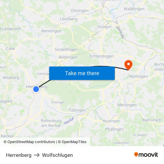 Herrenberg to Wolfschlugen map