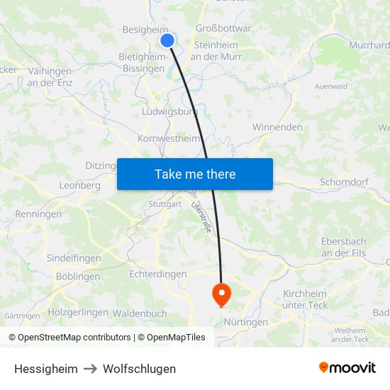 Hessigheim to Wolfschlugen map