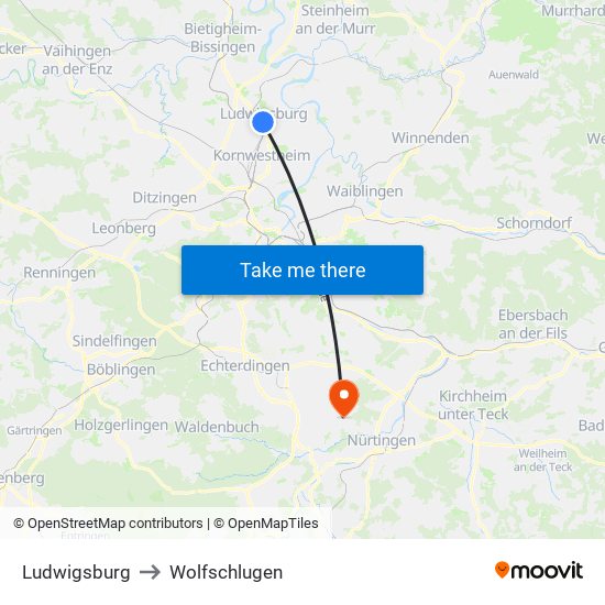 Ludwigsburg to Wolfschlugen map