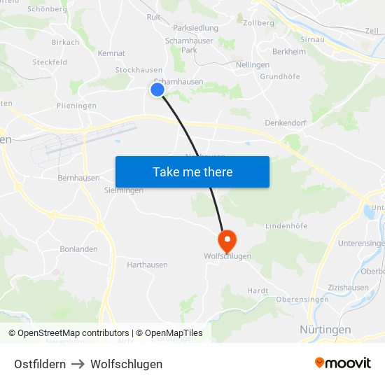 Ostfildern to Wolfschlugen map