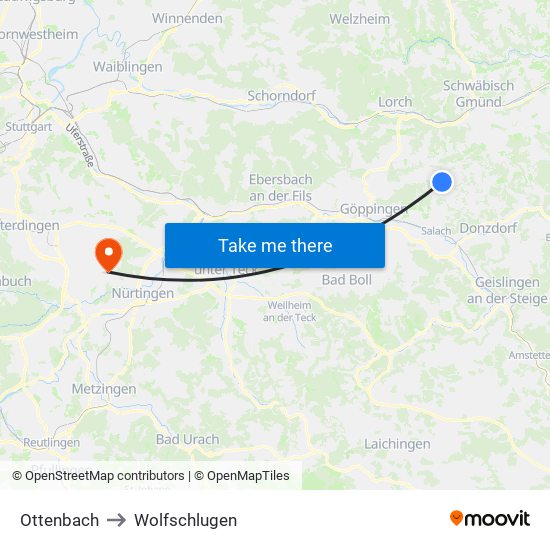 Ottenbach to Wolfschlugen map