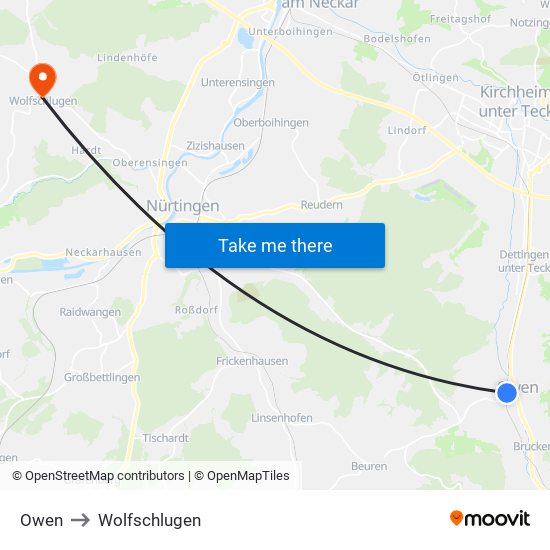 Owen to Wolfschlugen map