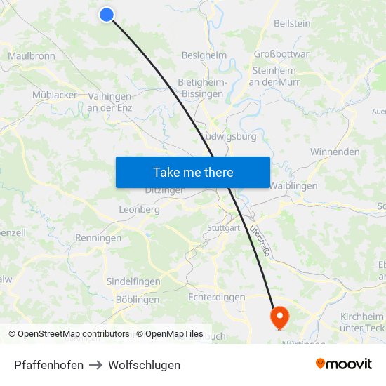 Pfaffenhofen to Wolfschlugen map