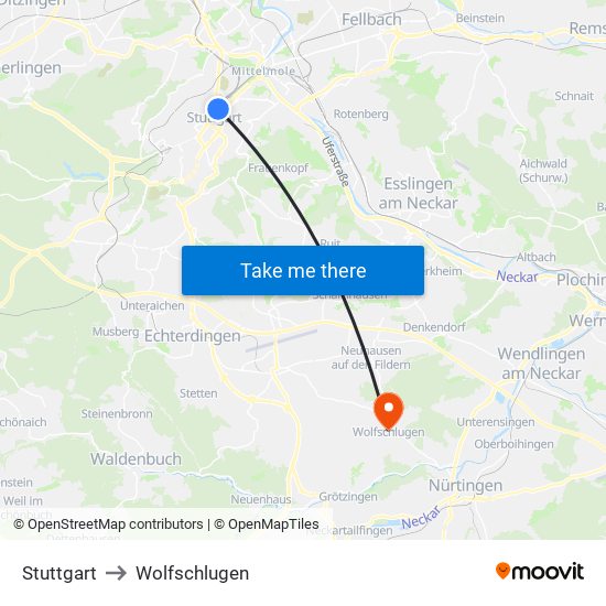 Stuttgart to Wolfschlugen map